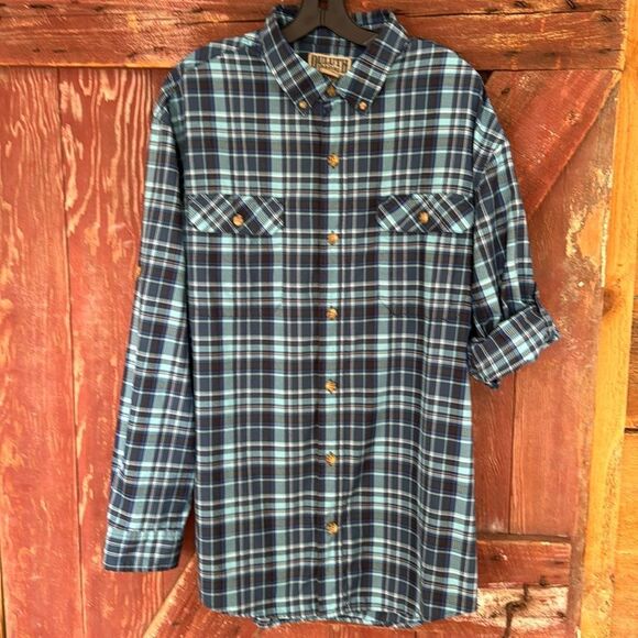 Duluth Trading Co shades of blue plaid button down shirt. Roll tab sleeves. XL. - Picture 1 of 11